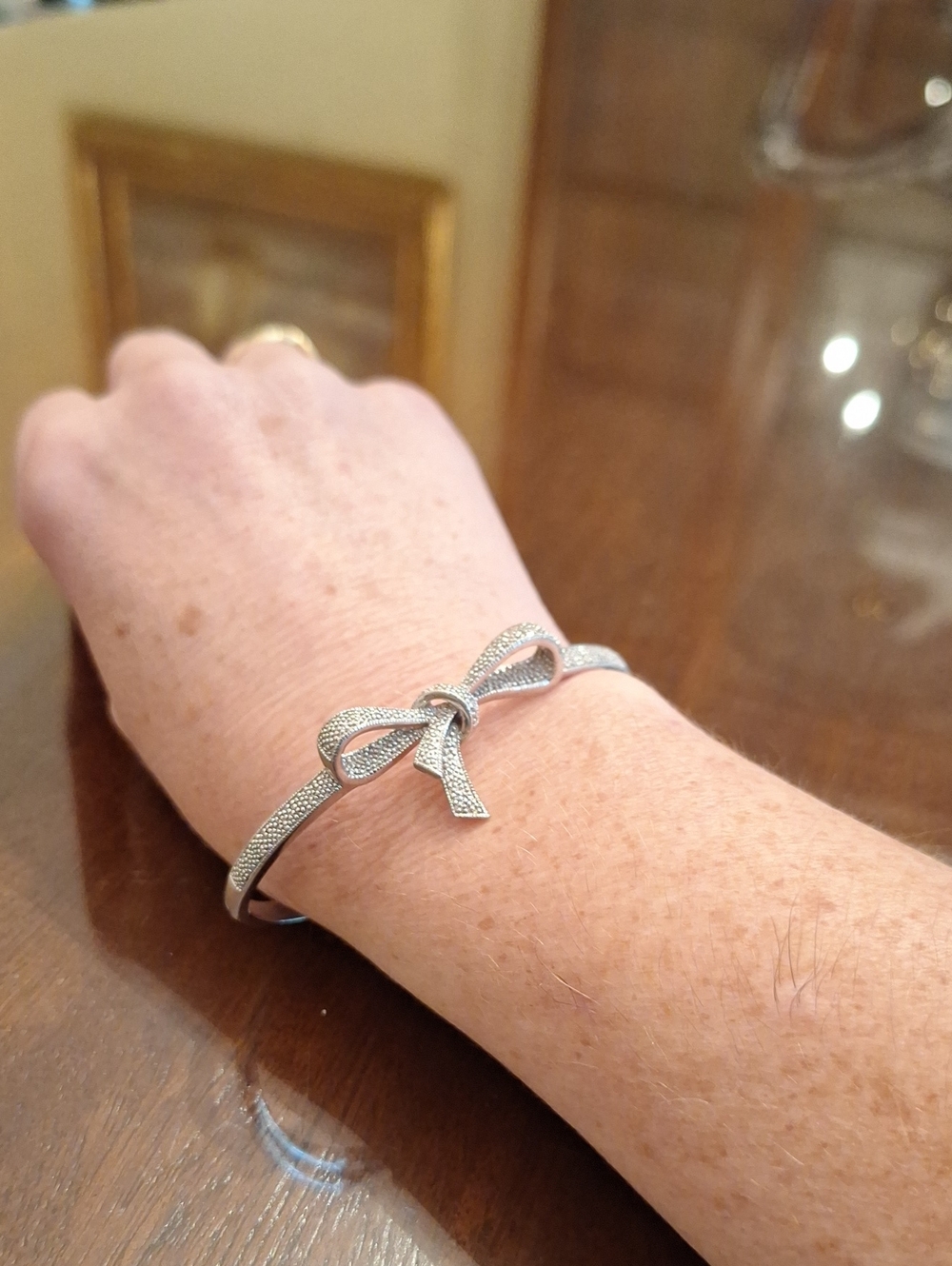 Sterling Silver 925 Bow Bangle Bracelet W/ Clear Cubic Zirconia, and Clasp